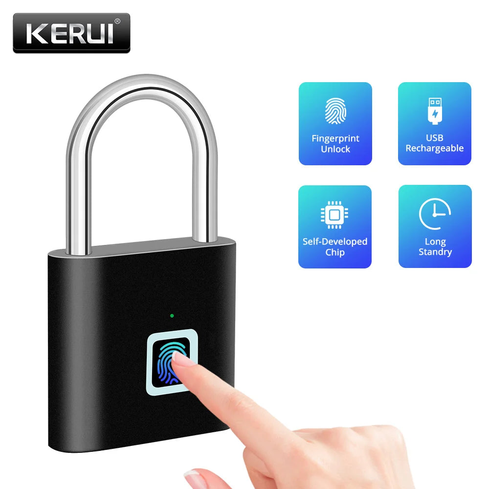 KERUI Keyless USB Charging Fingerprint Lock Smart Padlock Waterproof 0.2s Unlock Portable Anti-theft Electronic DoorLock Zinc