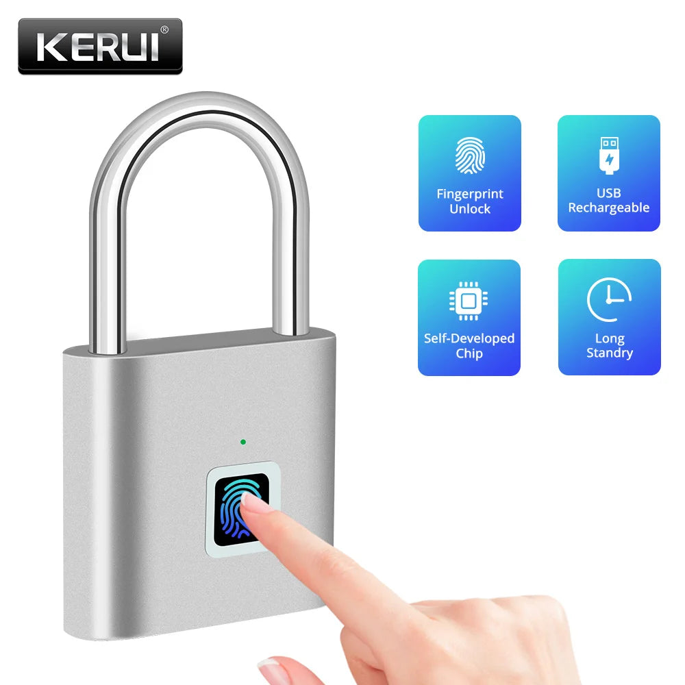 KERUI Keyless USB Charging Fingerprint Lock Smart Padlock Waterproof 0.2s Unlock Portable Anti-theft Electronic DoorLock Zinc