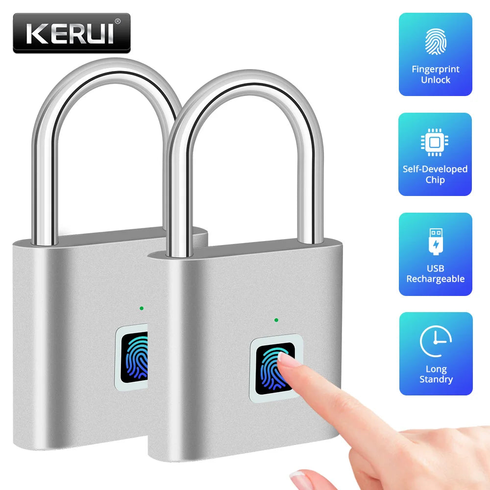 KERUI Keyless USB Charging Fingerprint Lock Smart Padlock Waterproof 0.2s Unlock Portable Anti-theft Electronic DoorLock Zinc